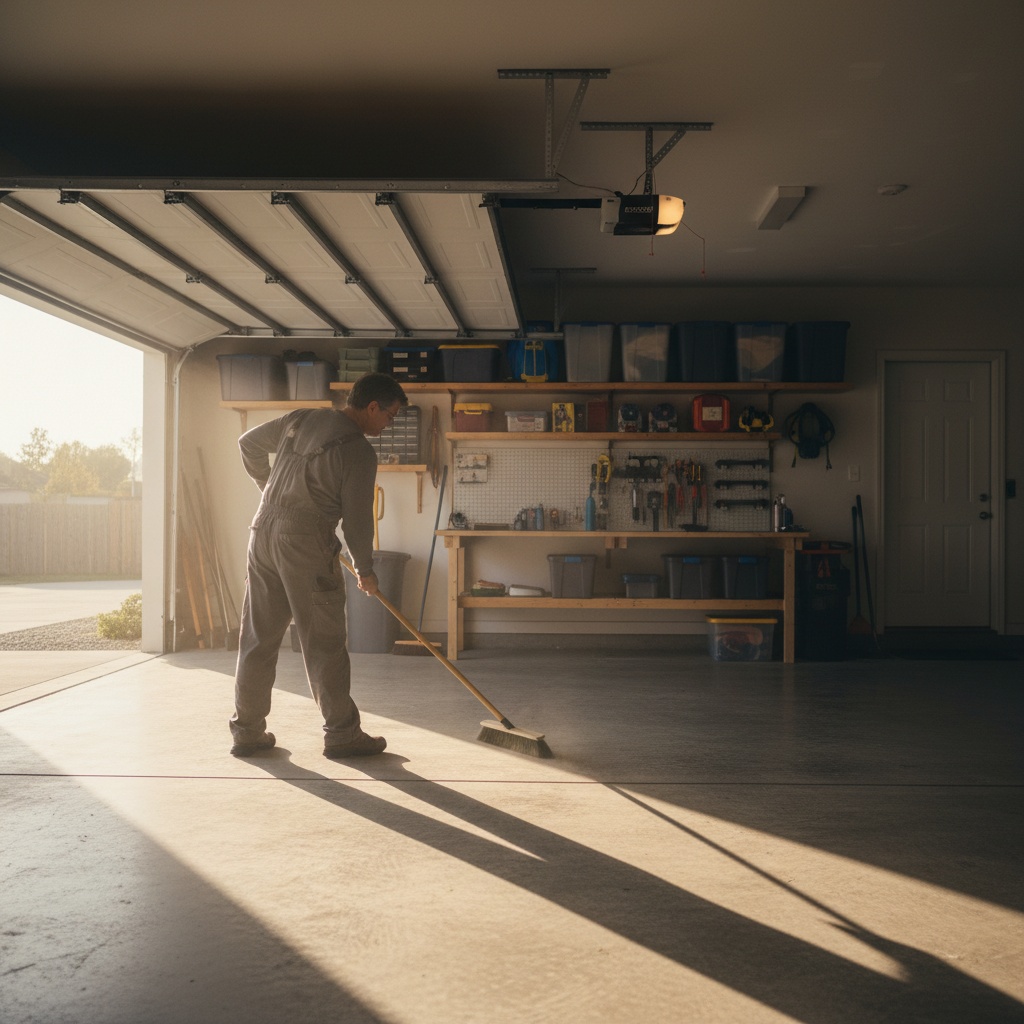 Personne balayant un garage propre et vide après un service de débarras.