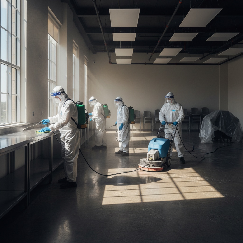 Équipe de nettoyage désinfectant un logement après un débarras insalubre.