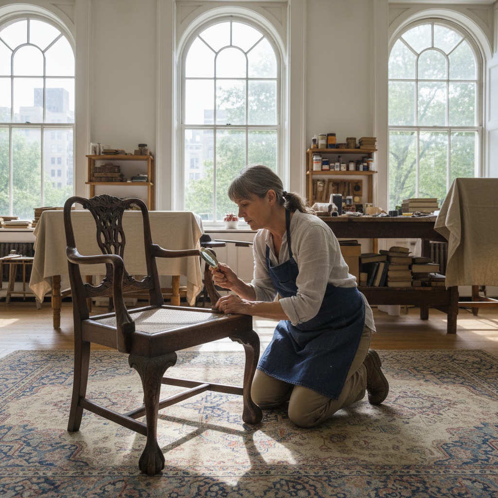 Expert évaluant la valeur d'un meuble lors d'un débarras d'appartement
