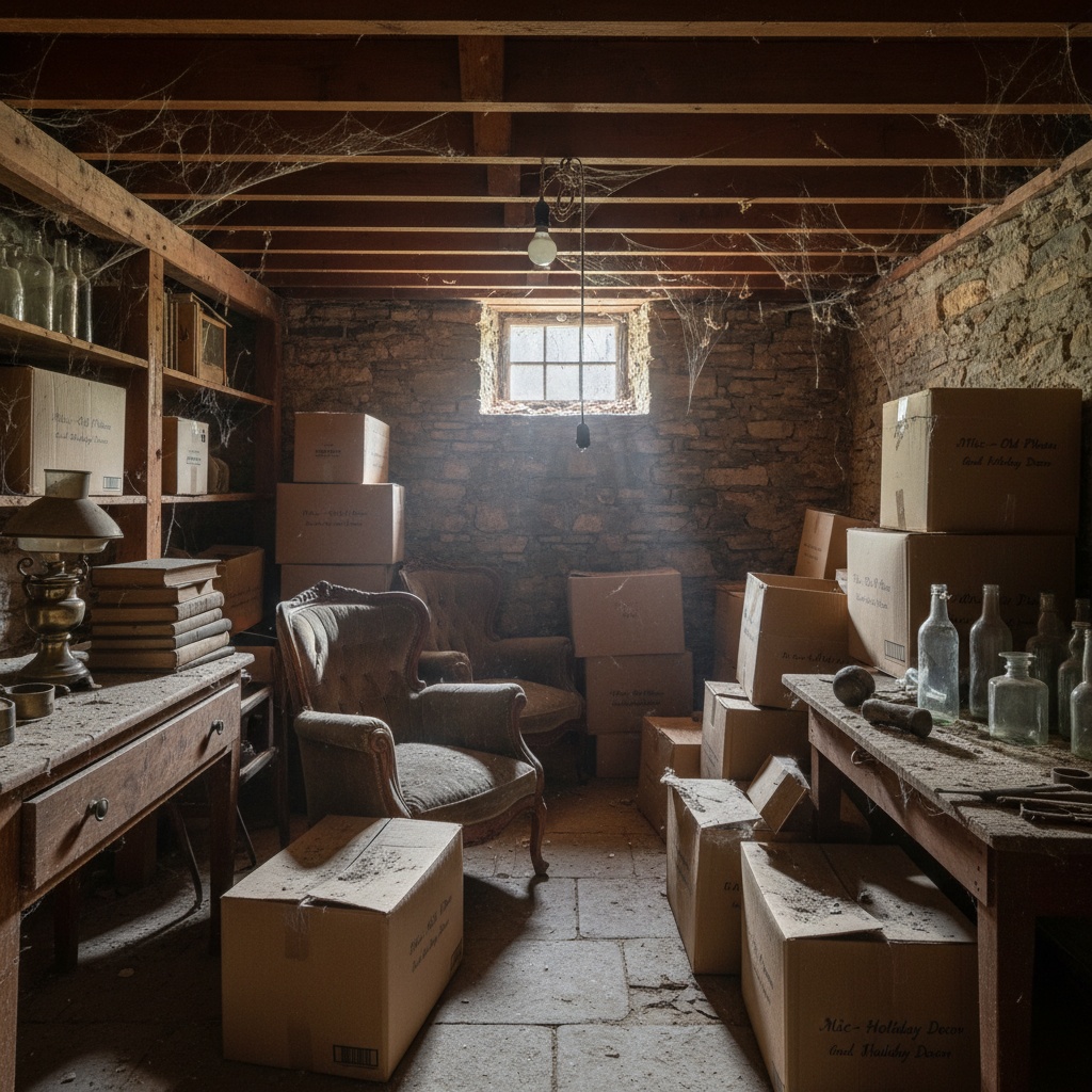 Cave encombrée et poussiéreuse avant une intervention de débarras professionnel.