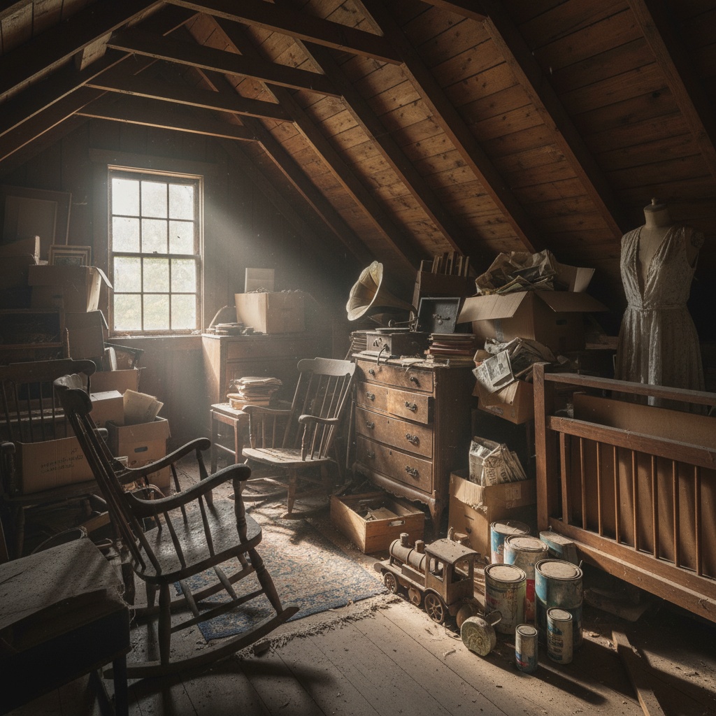 Un grenier encombré et poussiéreux avant l'intervention d'une entreprise de débarras.