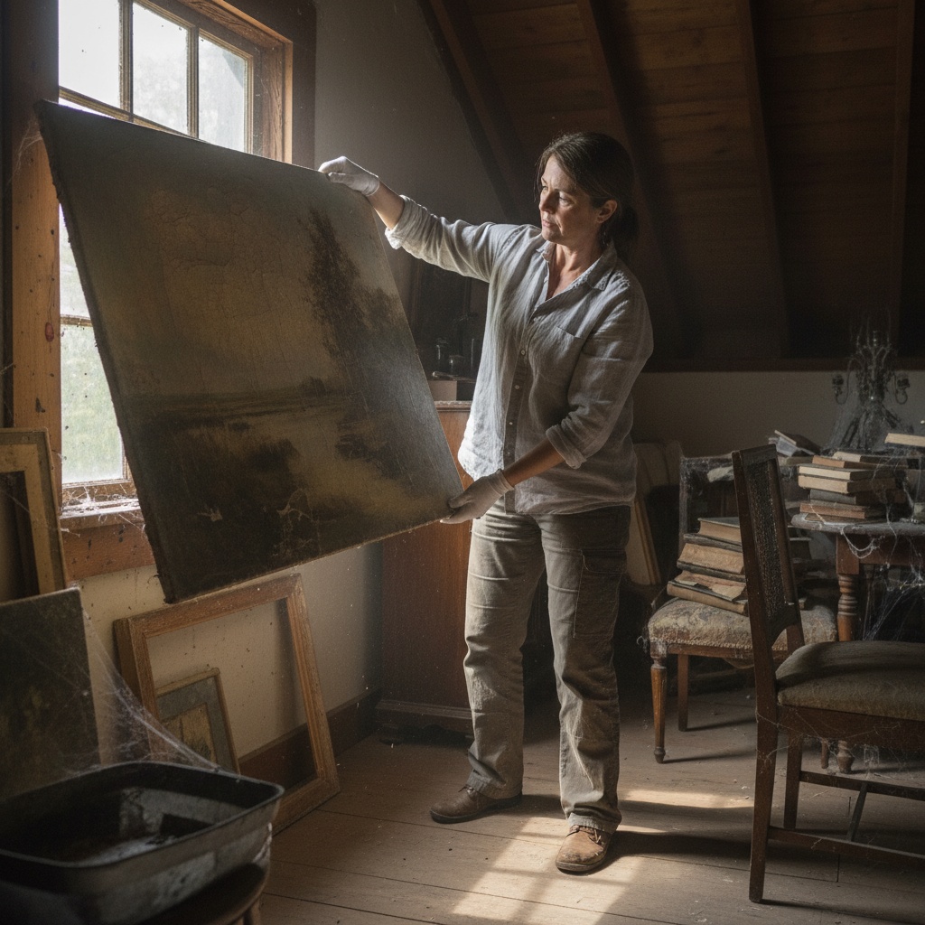Expert en antiquités évaluant un tableau ancien lors d'un débarras de grenier.