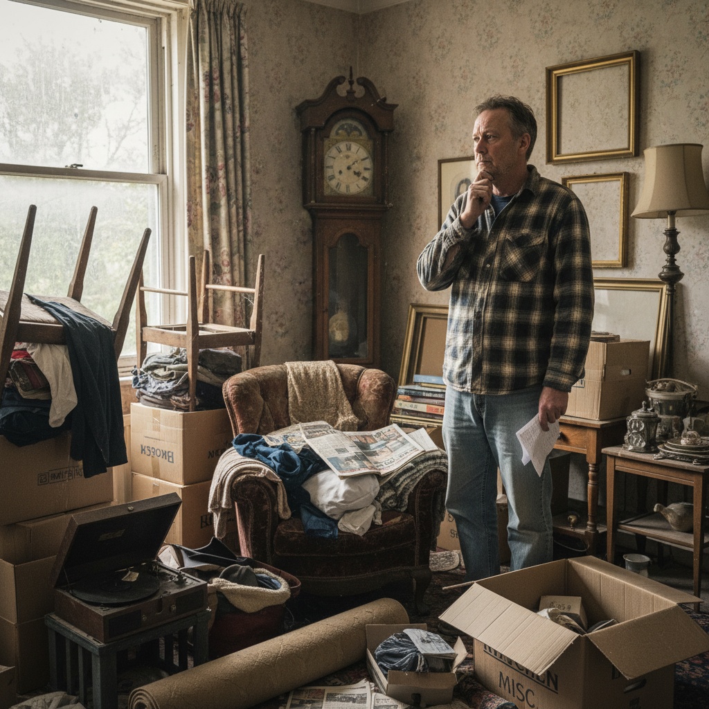 Personne planifiant le débarras d'un salon encombré avant l'intervention.