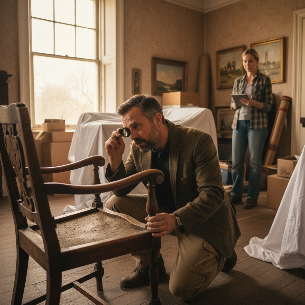 Expert évaluant la valeur d'un meuble ancien lors d'un débarras de maison.