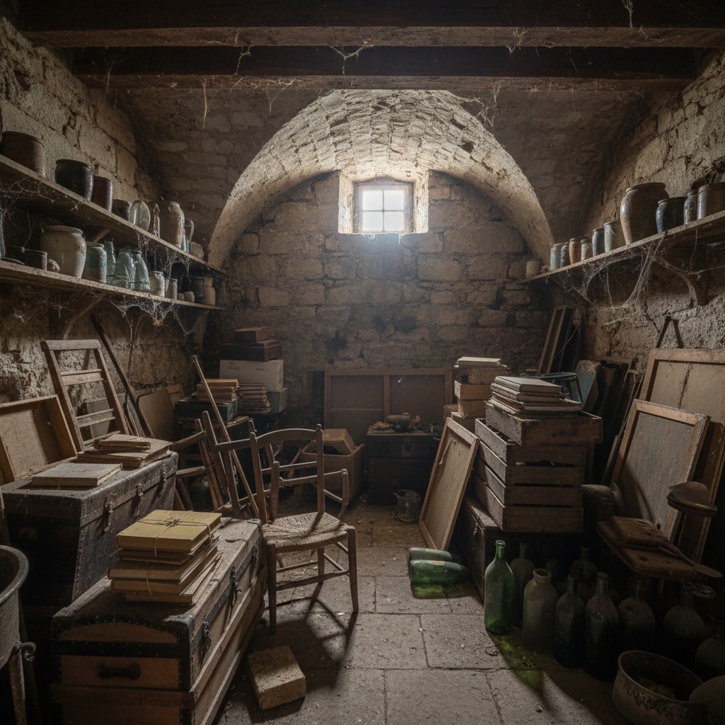 Une cave parisienne ancienne typique, encombrée et prête pour un débarras.