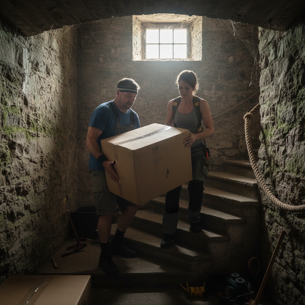 Équipe de professionnels effectuant un débarras de cave dans un immeuble parisien.