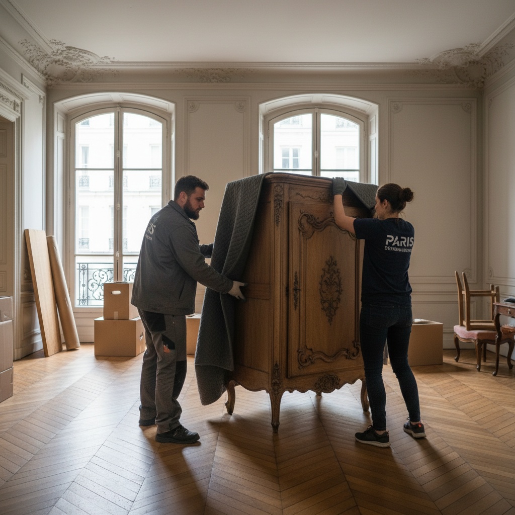 Équipe de Débarras Professionnels évacuant avec soin un meuble d'un appartement parisien du 6ème arrondissement.