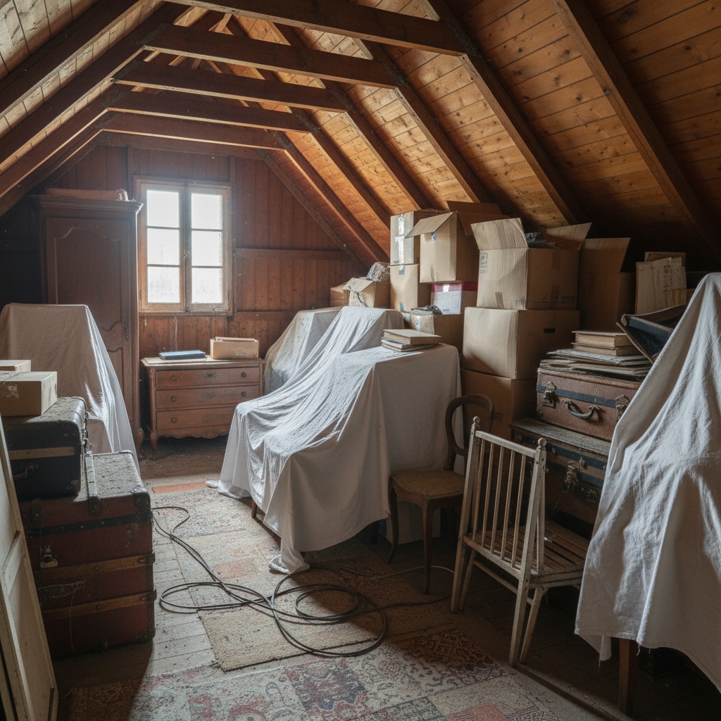 Grenier encombré d'une maison à Antony avant une intervention de débarras.