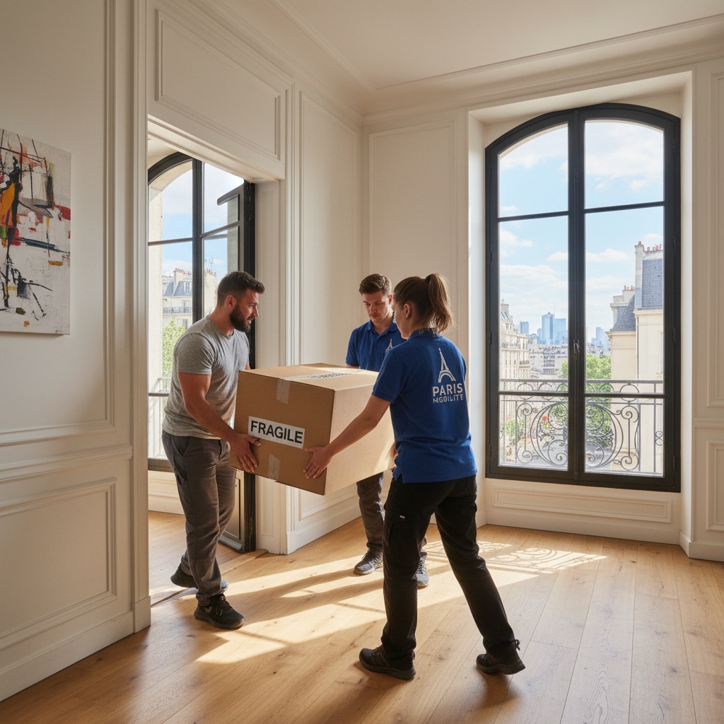 Équipe de professionnels vidant un appartement à Courbevoie avec soin et efficacité.