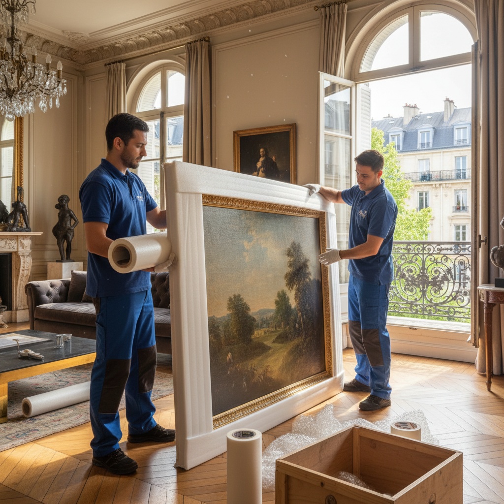 Équipe de Débarras Professionnels emballant avec soin un objet d'art dans un appartement de luxe à Neuilly-sur-Seine.
