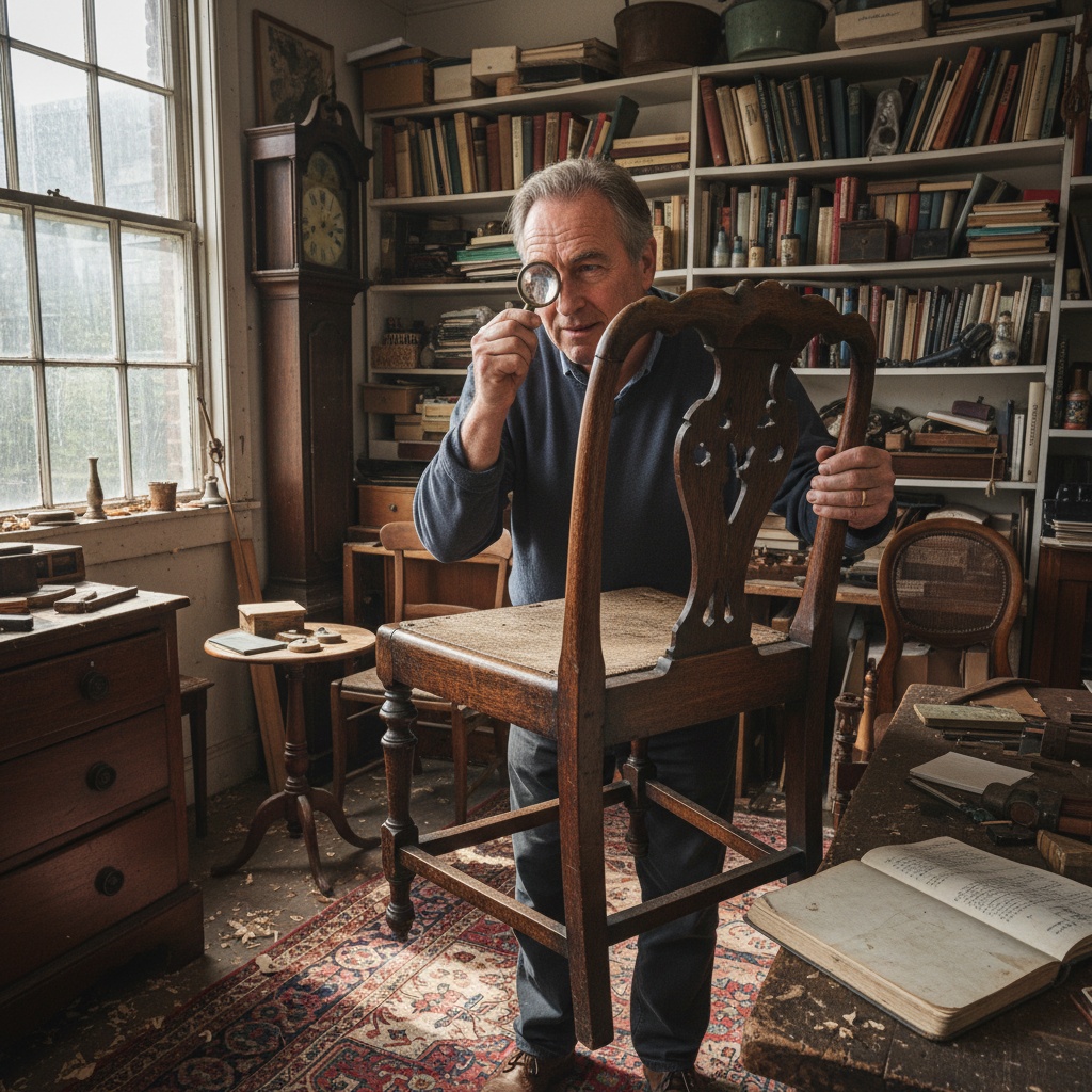 Expert en valorisation estimant un meuble ancien lors d'un débarras à Puteaux.