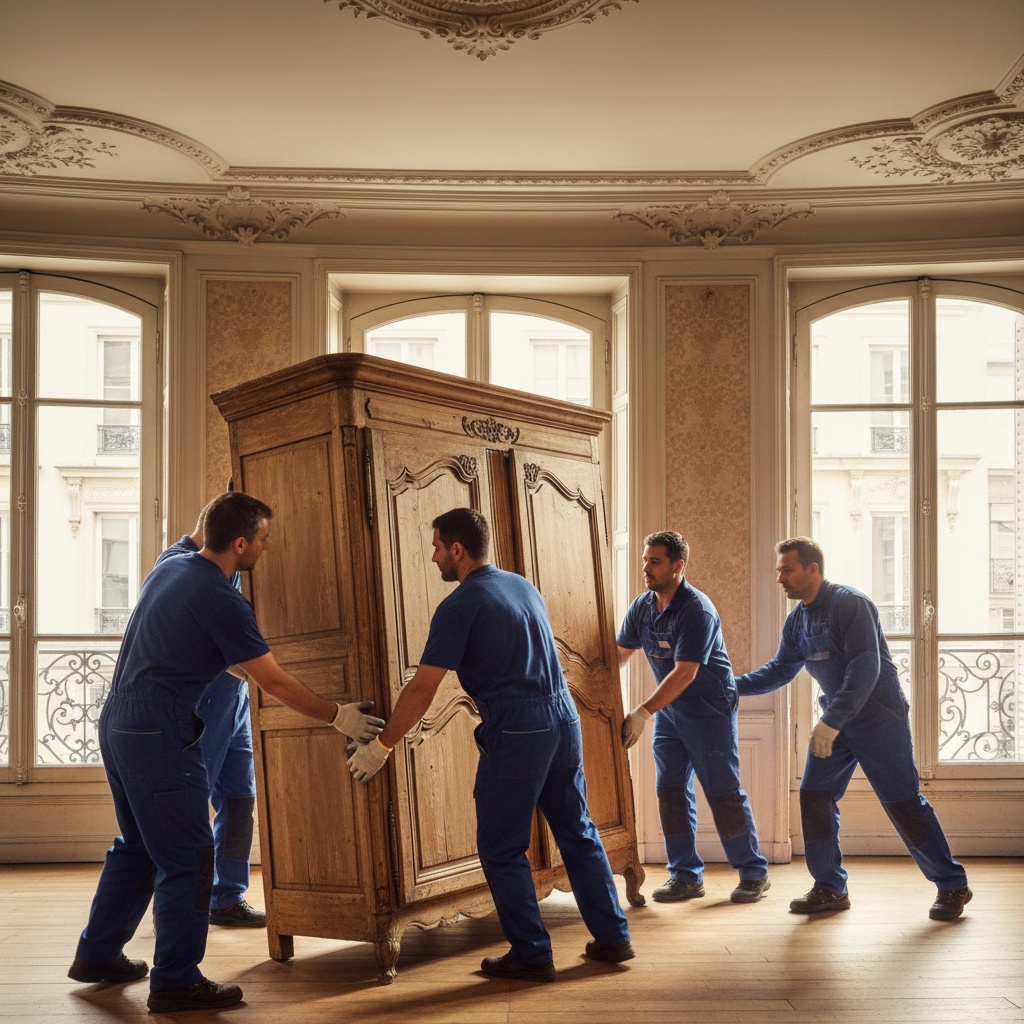 Équipe de Débarras Professionnels manipulant avec soin un meuble ancien dans un appartement haussmannien à Versailles.