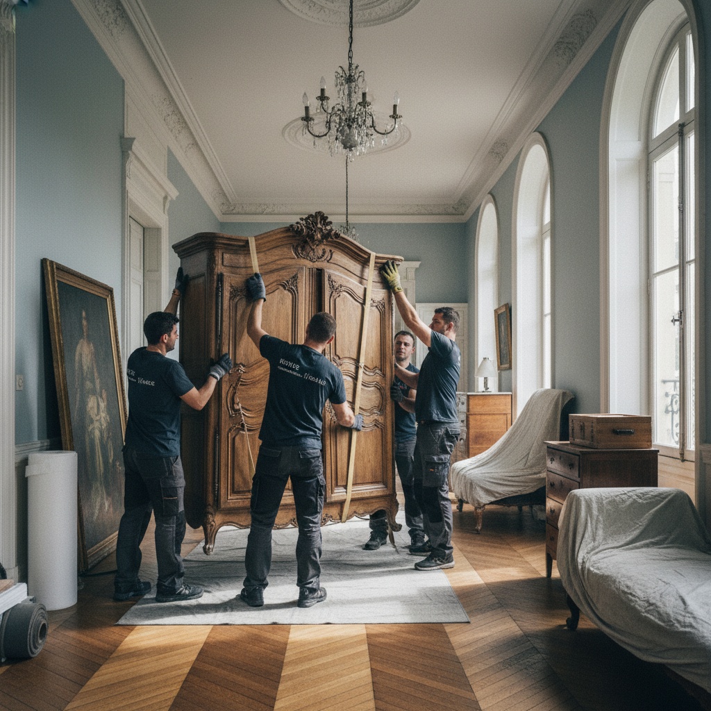Équipe de débarras manipulant avec soin des meubles anciens dans une maison de caractère au Vésinet