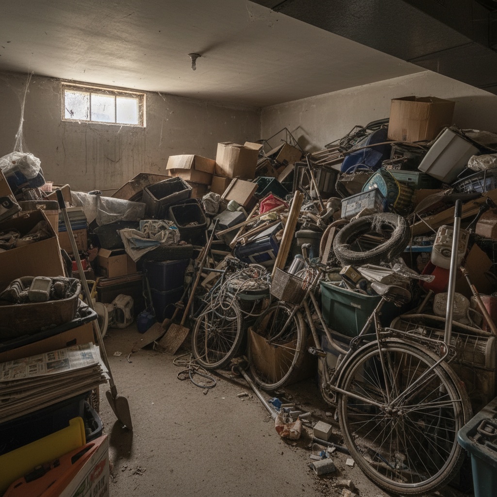 Photo d'une cave très encombrée avant le débarras