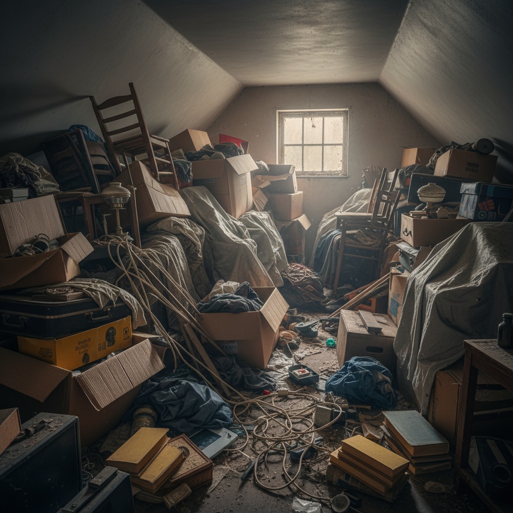 Photo d'un grenier très encombré avant le débarras