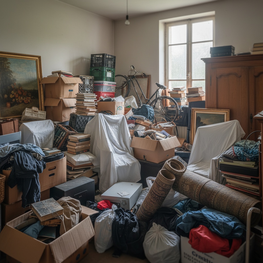 Pièce encombrée avant l'intervention de débarras