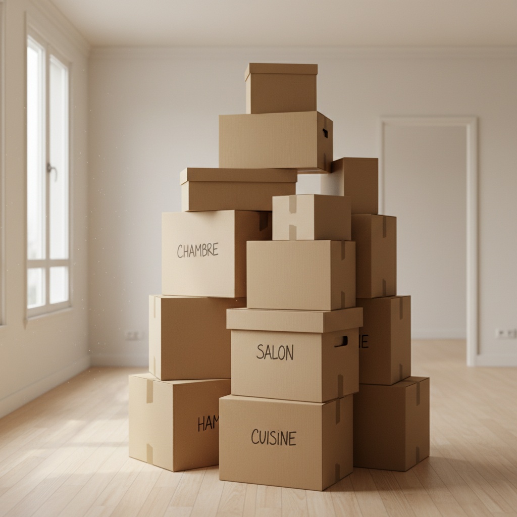 Cartons de déménagement empilés dans un appartement