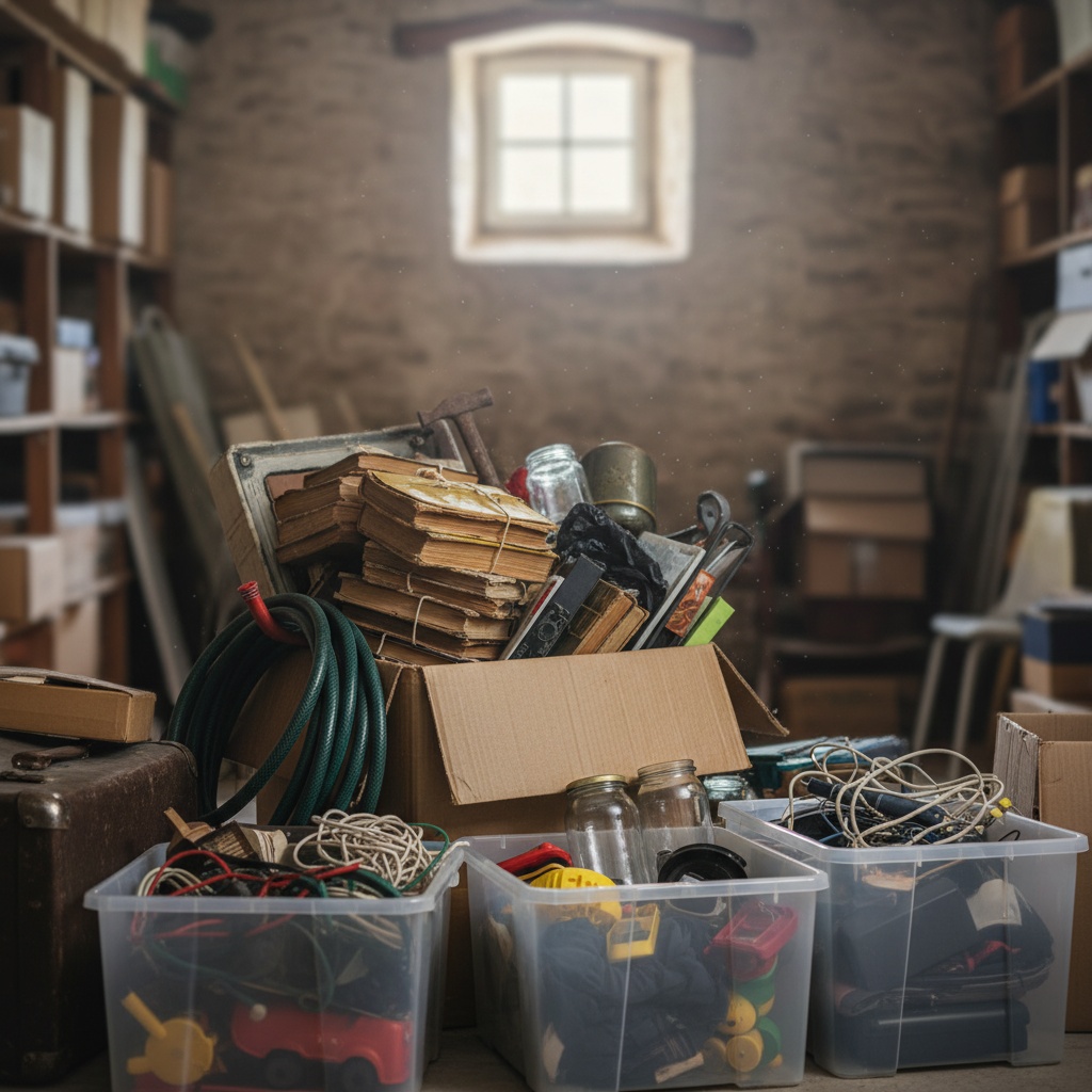 Tri d'objets variés dans une cave encombrée