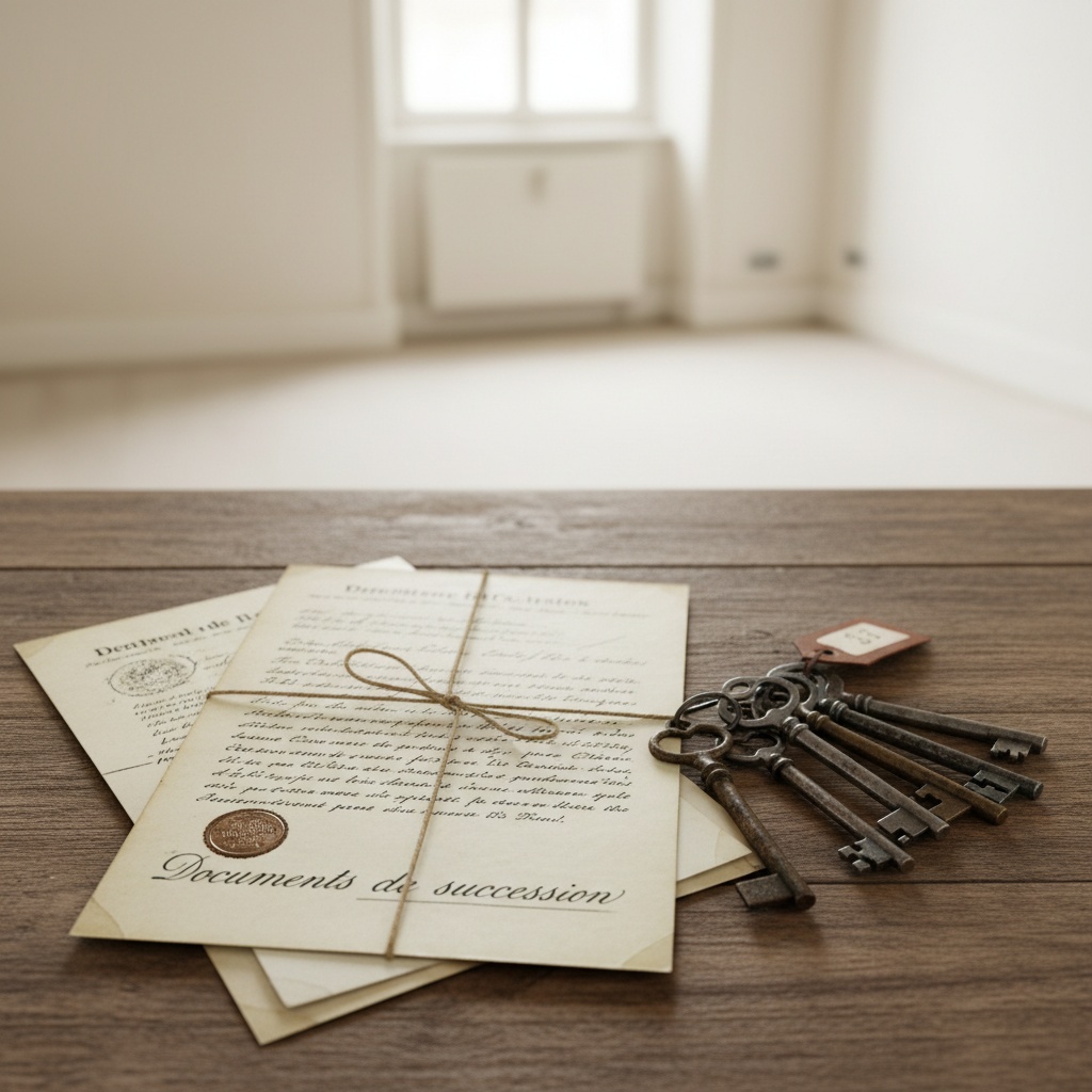 Documents de succession et clés anciennes sur une table en bois