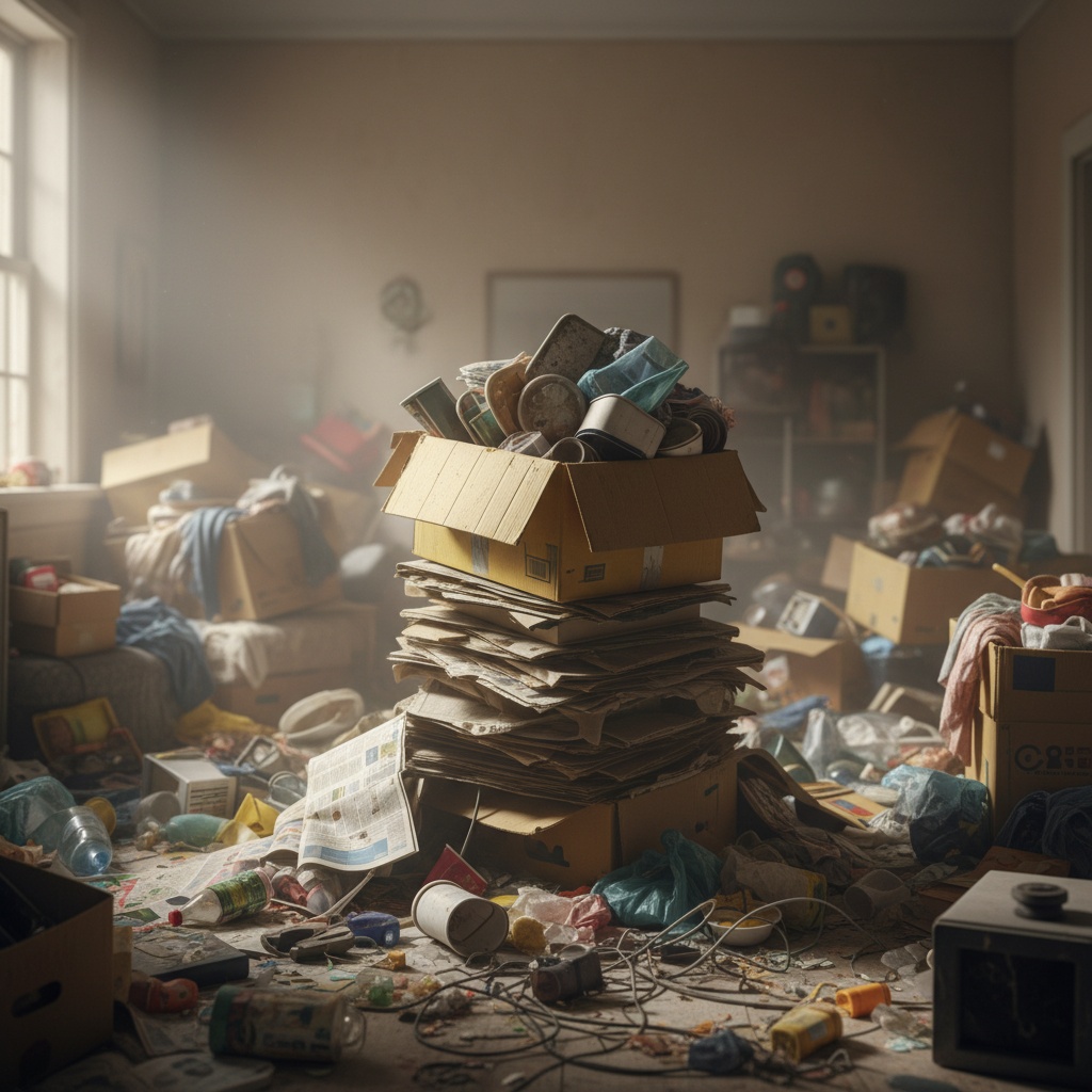 Pièce encombrée et insalubre avant intervention