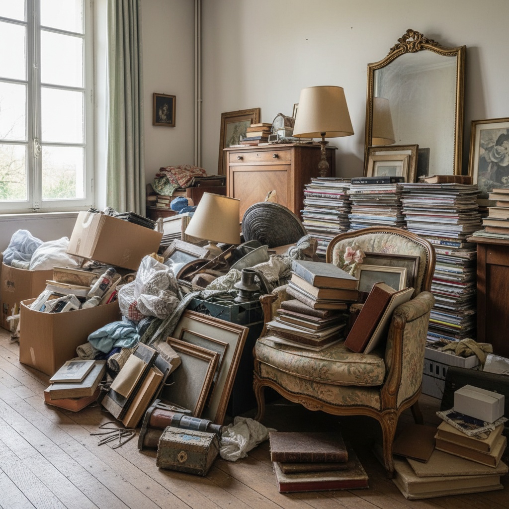 Pièce encombrée d'objets et de meubles avant le débarras au Vésinet