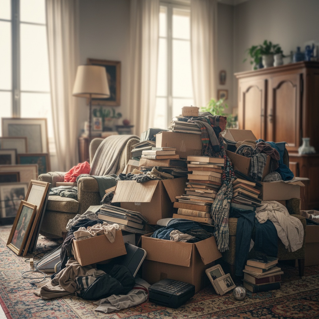 Photo d'un salon encombré avant le débarras à Boulogne-Billancourt.