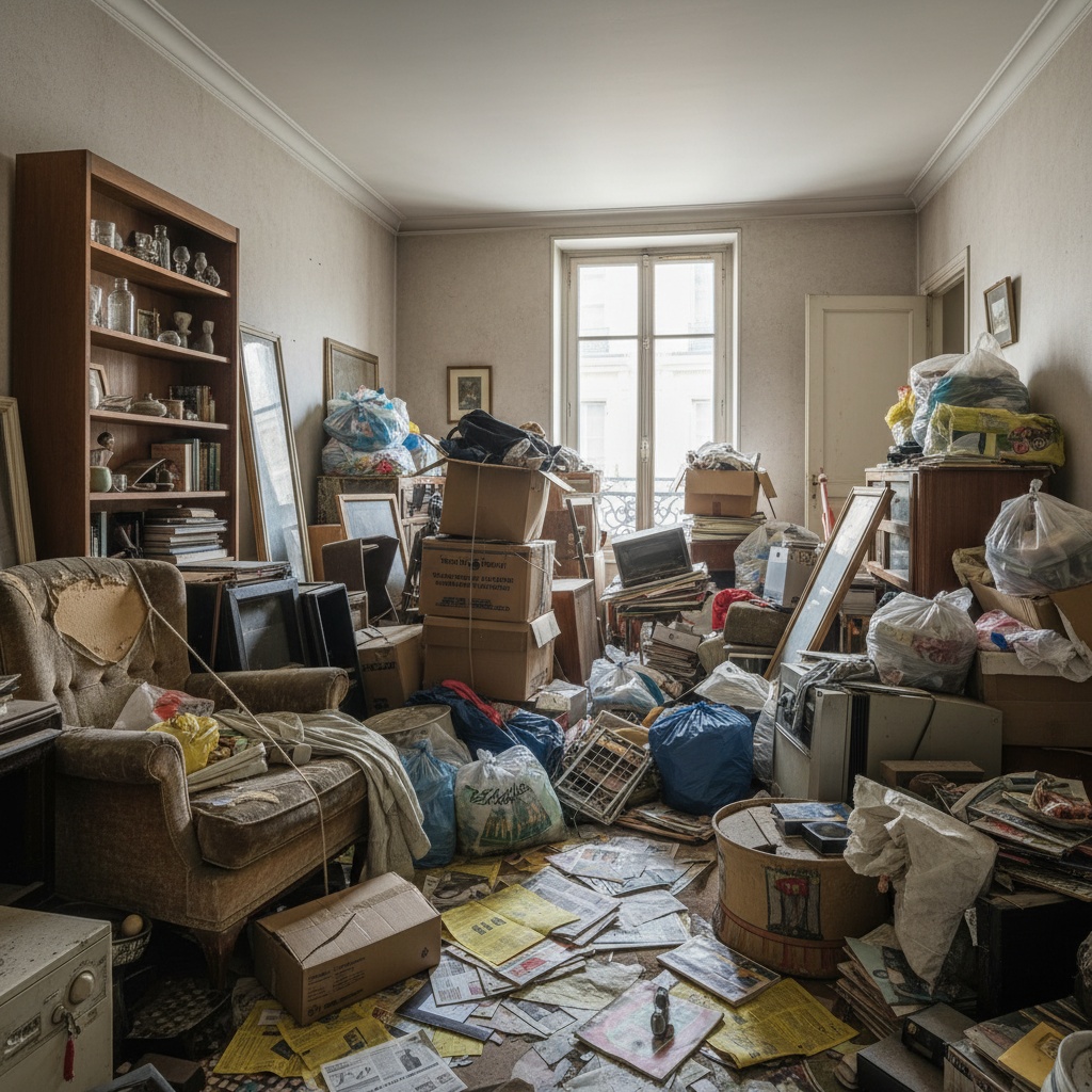 Appartement encombré avant notre intervention de débarras à Paris 6.