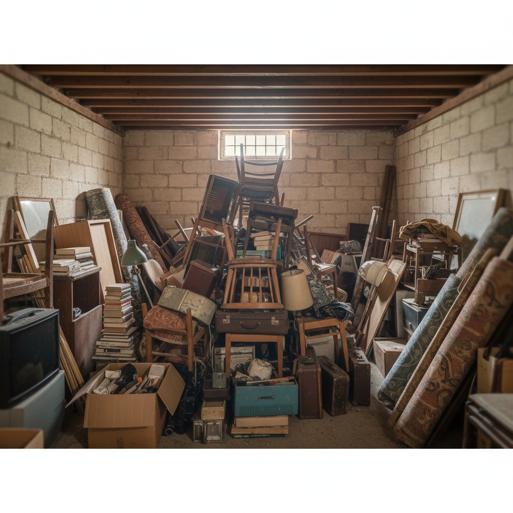 Photo d'une cave parisienne très encombrée avant le débarras