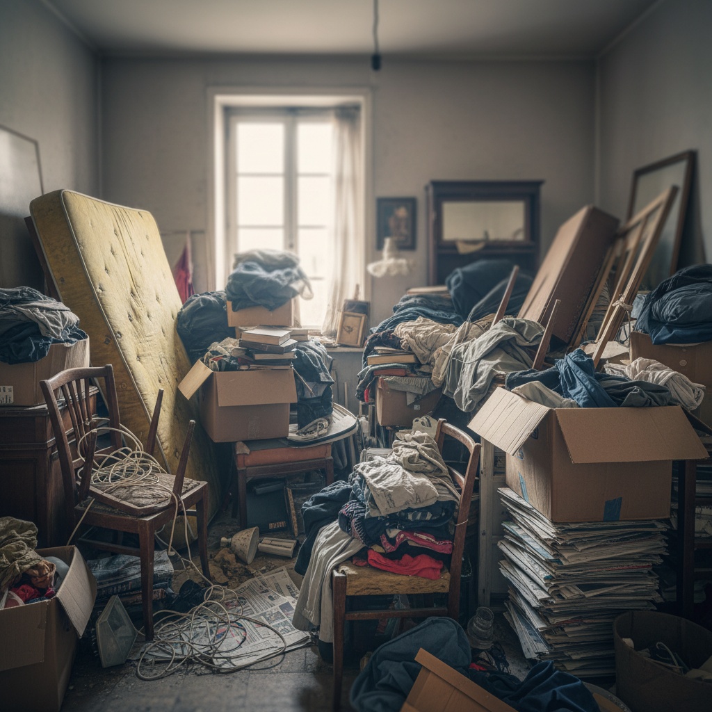 Pièce encombrée avant l'intervention de débarras