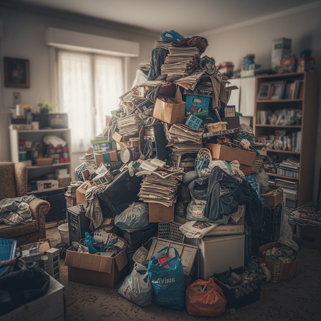 Pièce extrêmement encombrée, typique du syndrome de Diogène