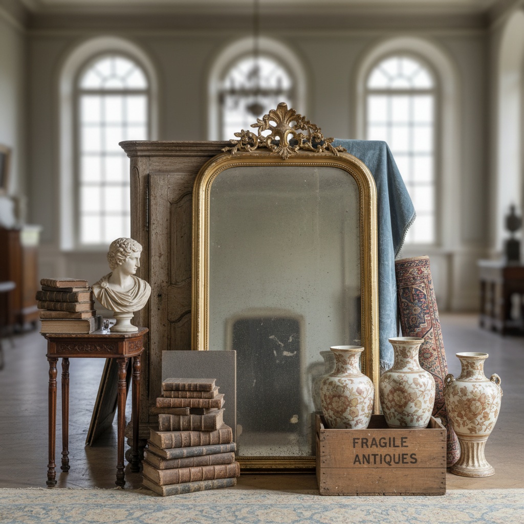 Collection d'objets d'art et de meubles anciens.