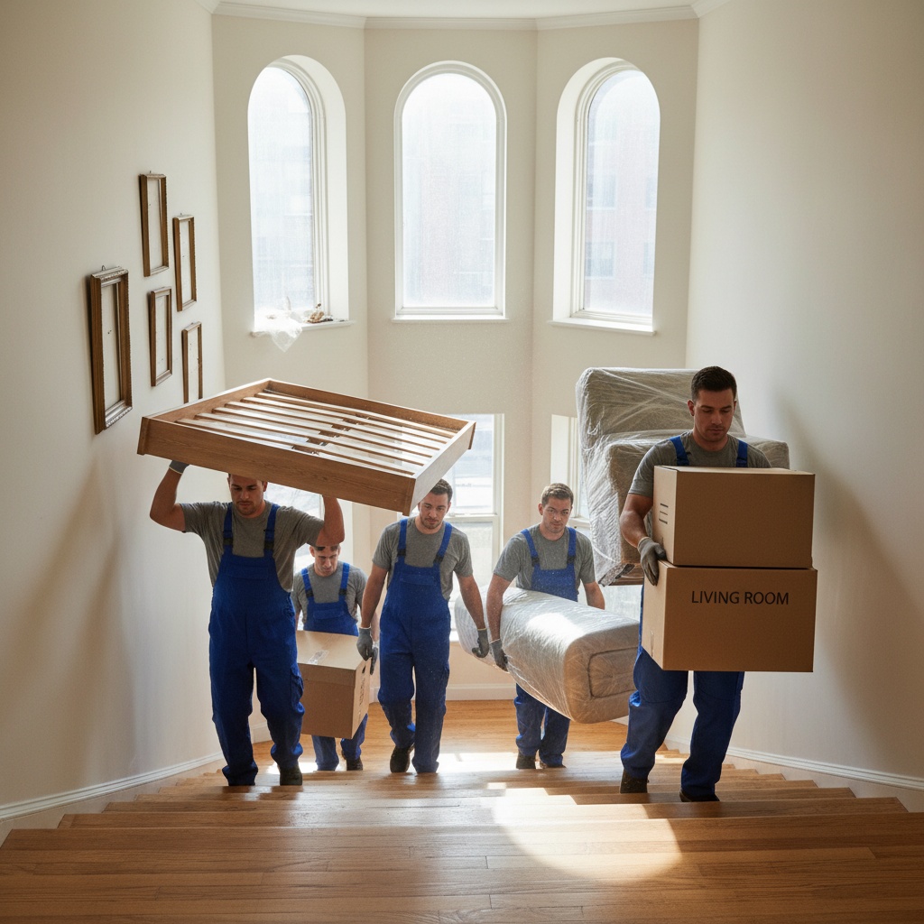 Équipe de débarras professionnelle évacuant mobilier et cartons d'un appartement