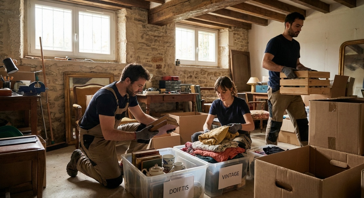 Équipe de débarras professionnelle vidant une cave résidentielle à Bry-sur-Marne
