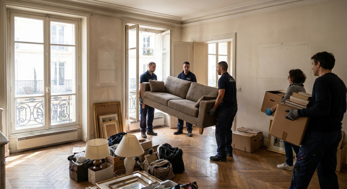 Équipe de débarras professionnelle vidant un appartement à Chatou