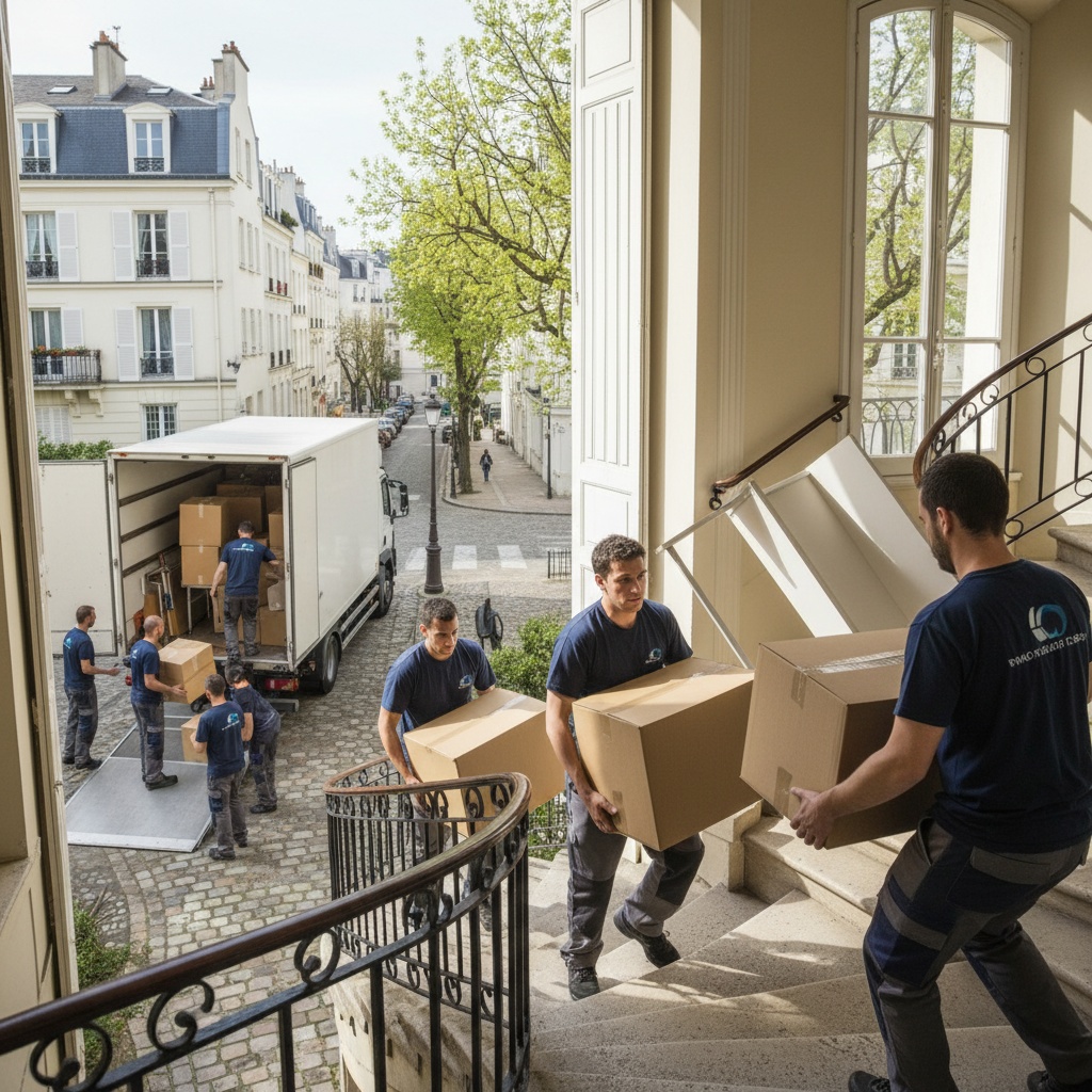 Équipe de débarras professionnel enlevant les affaires d'un appartement à Colombes