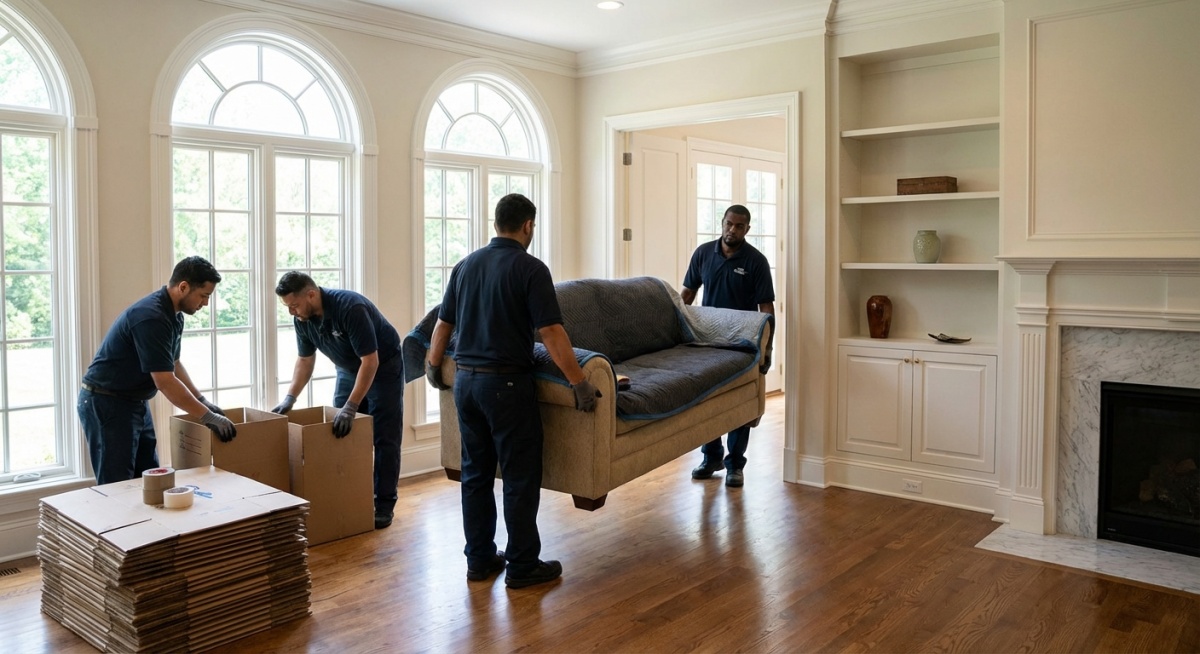 Équipe professionnelle en train de vider un appartement avec soin et organisation