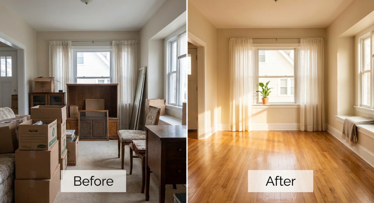 Pièce complètement vidée et nettoyée après intervention de débarras