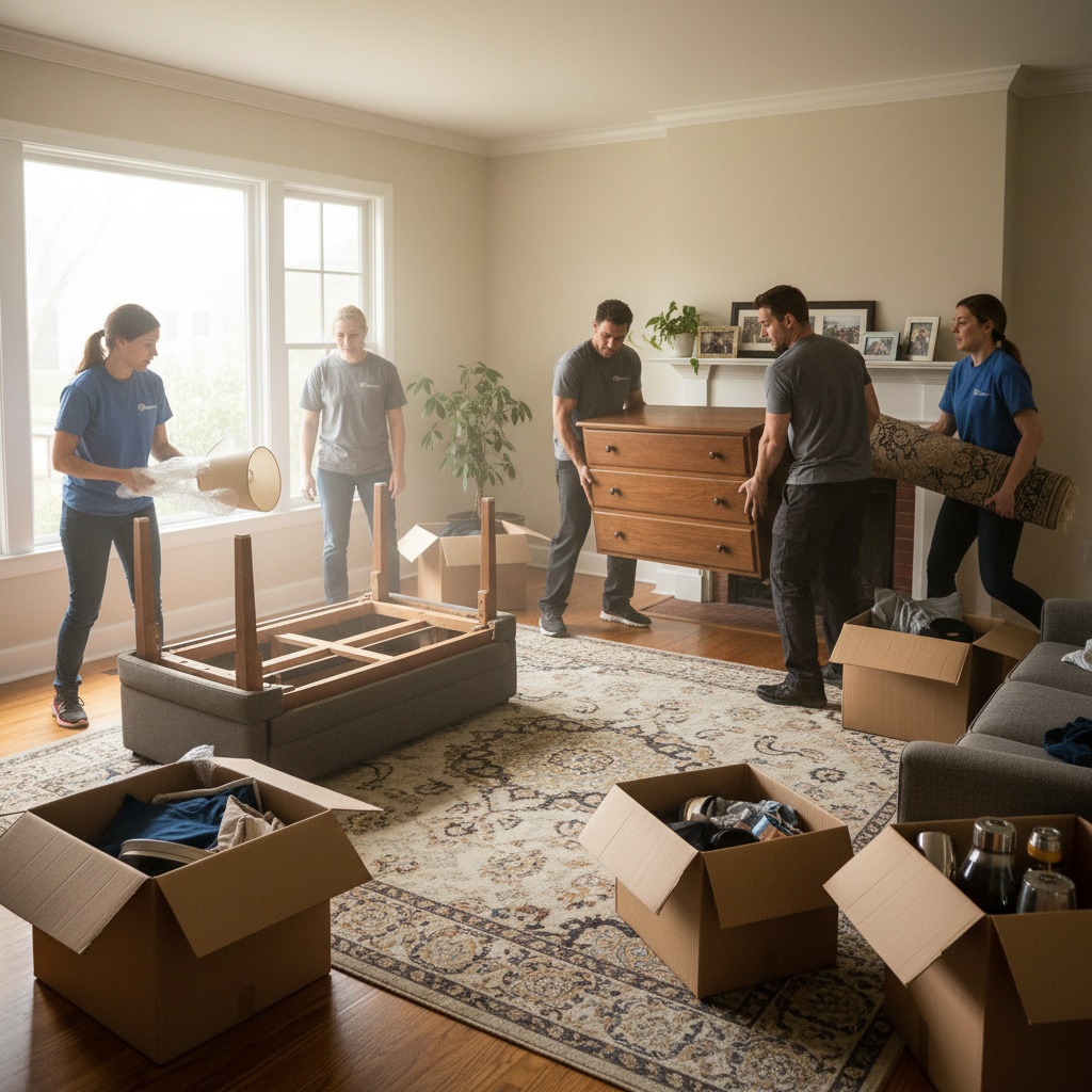 Équipe de professionnels effectuant un débarras complet d'un salon résidentiel