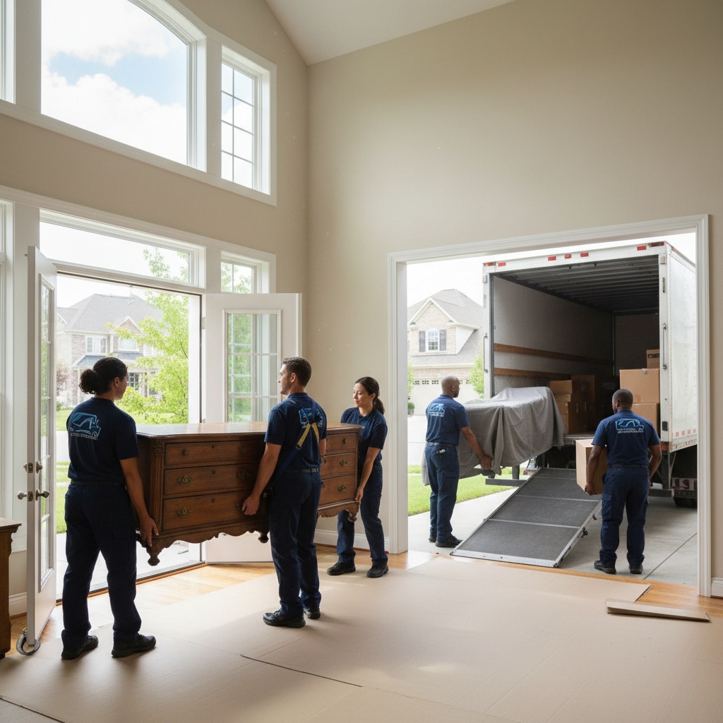 Équipe de débarras professionnelle évacuant les meubles d'une maison bourgeoise