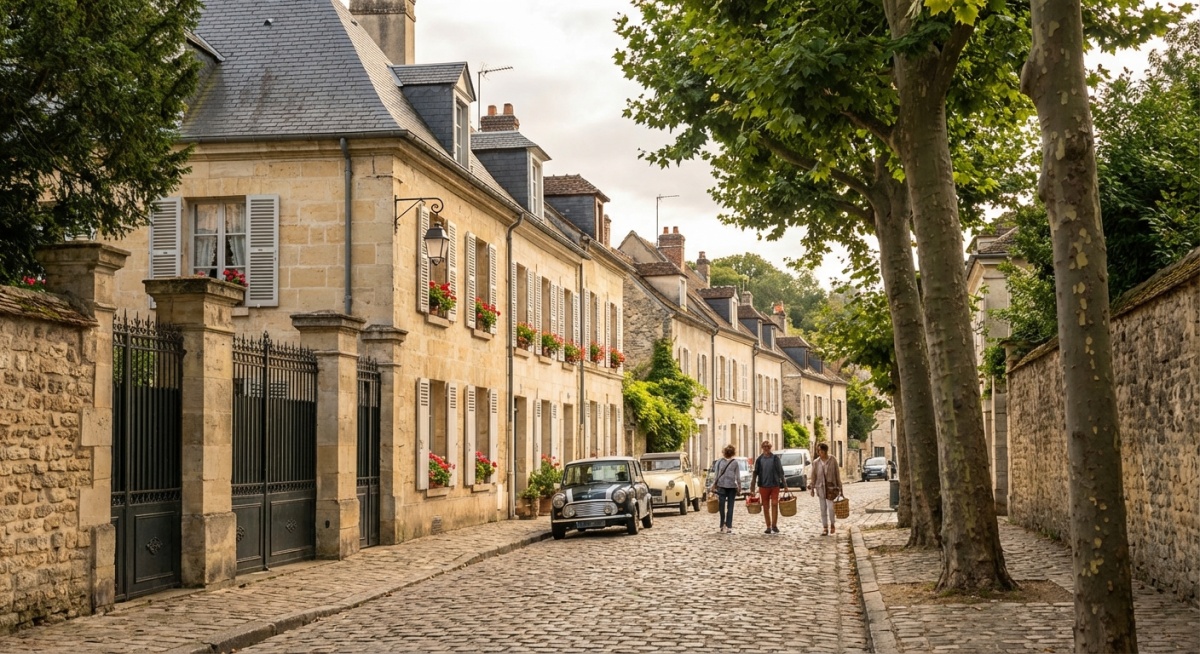 Rue résidentielle de Louveciennes avec maisons élégantes et allée arborée