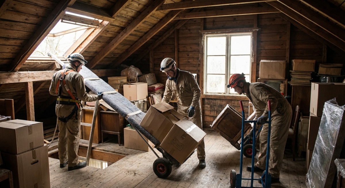 Équipe professionnelle évacuant grenier ou cave avec équipement adapté