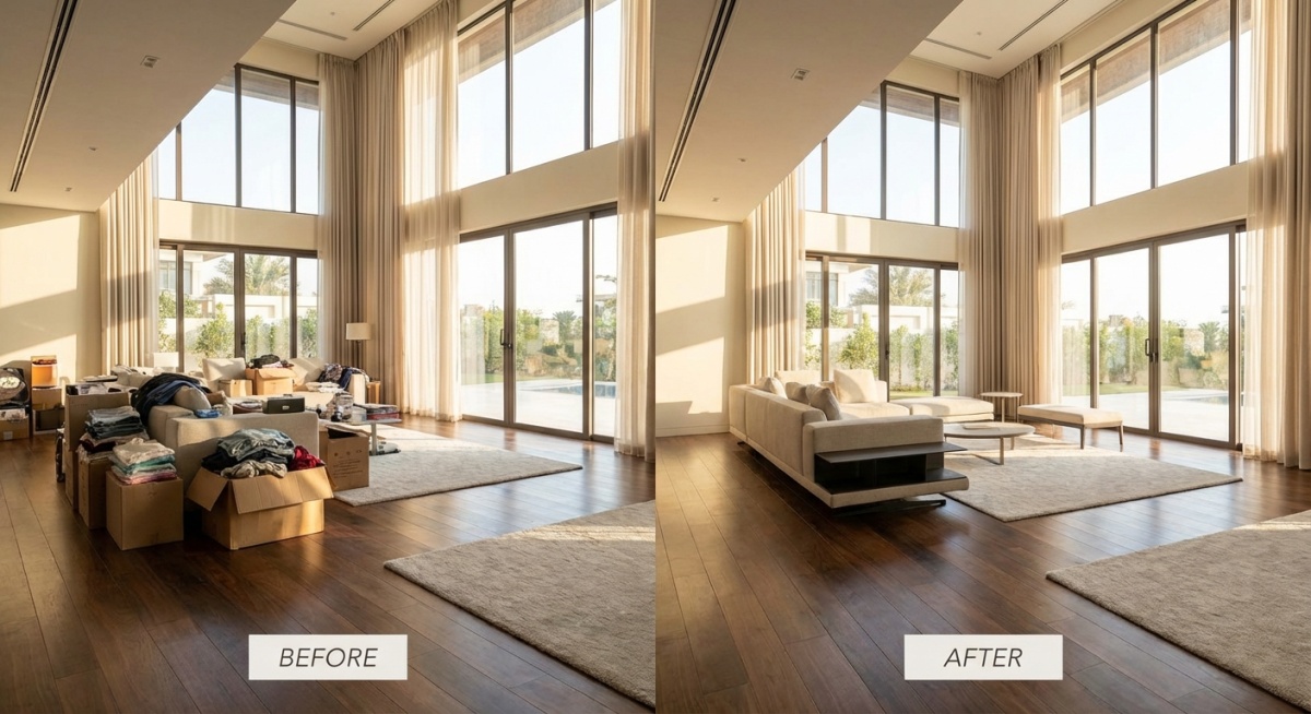 Salon élégant vide après débarras professionnel à Maisons-Laffitte