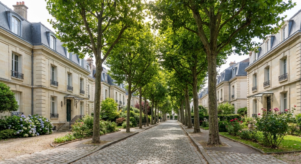 Vue d'une rue résidentielle à Meudon avec maisons élégantes et arbres