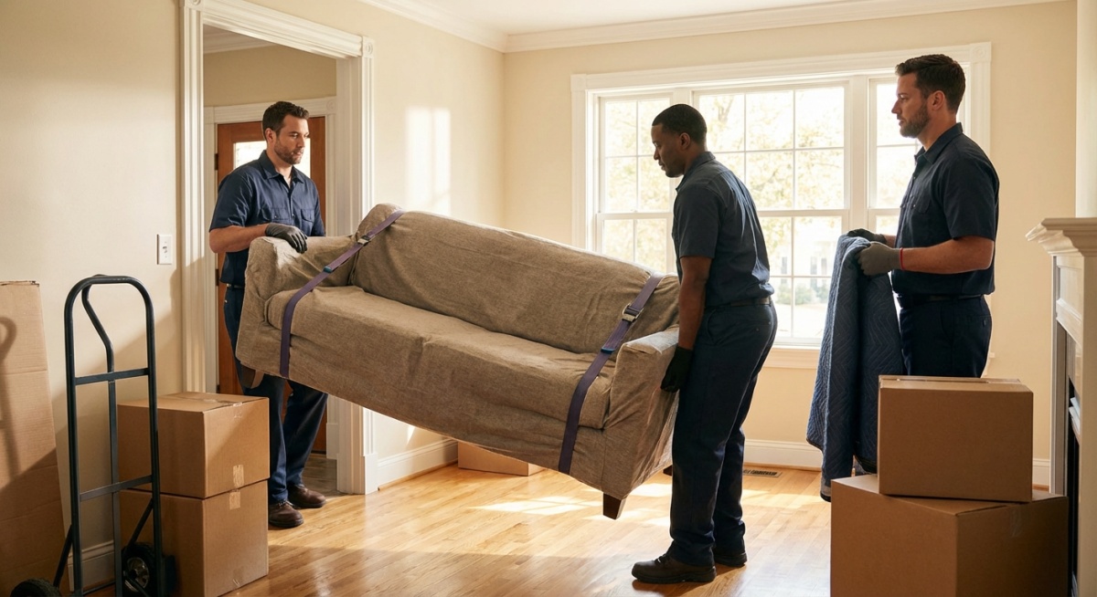 Équipe professionnelle évacuant des meubles d'une maison avec respect et organisation