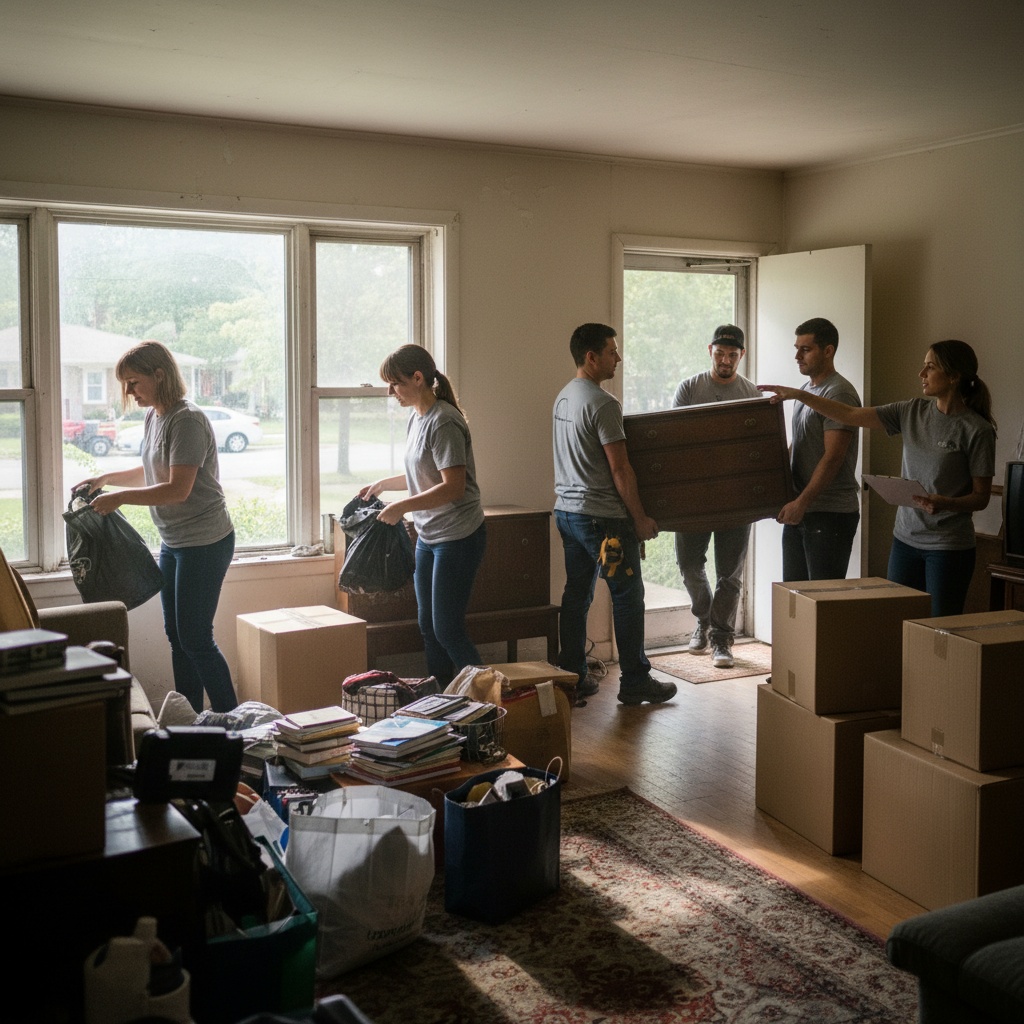 Équipe de débarras professionnelle vidant un appartement encombré à Neuilly-Plaisance