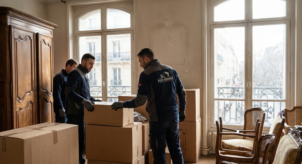 Équipe de débarras professionnelle vidant un appartement parisien encombré