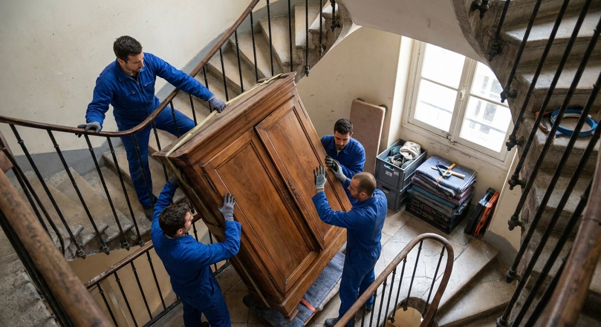 Équipe de débarras transportant des meubles dans un escalier parisien typique