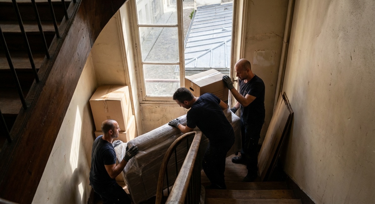 Équipe de débarras professionnel vidant un appartement parisien