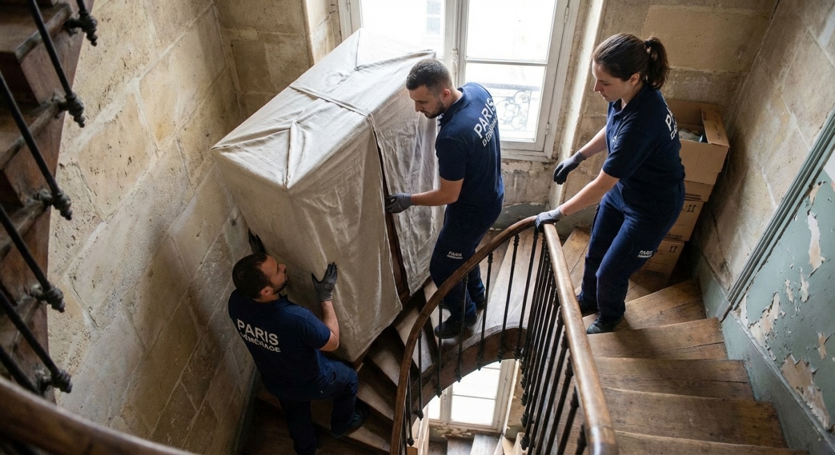 Équipe professionnelle de débarras transportant des meubles dans un escalier étroit d'immeuble parisien