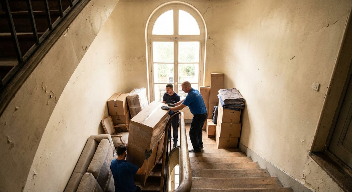 Équipe professionnelle évacuant des encombrants dans un escalier parisien du 18ème